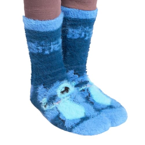 Image of OHS Fluffy Socks, Official Licensed Disney Stitch Gifts for Girls Novelty Stitch Socks Kids Girls Teenagers Ultra Soft Cosy Comfy Warm Winter Fuzzy Bed Sock Christmas Gifts for Kids, Blue - 3 Pairs