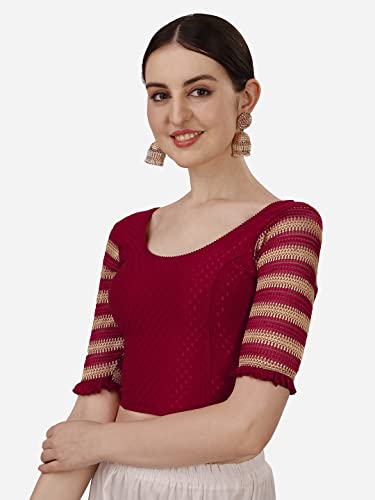 Image of SFT Round Neck Cotton Lycra Stretchable Laced Elbow Sleeves Readymade Saree Blouse for Women Stylish (Shibani