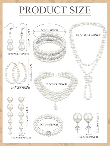 Image of BBTO 8 Pcs Pearl Necklace Earring Set Women Wedding Jewelry | Multi Layer Pearl Necklaces Bracelets, Rhinestones, Pearl Gift for Bridal Shower Birthday, Party Costume Jewelry