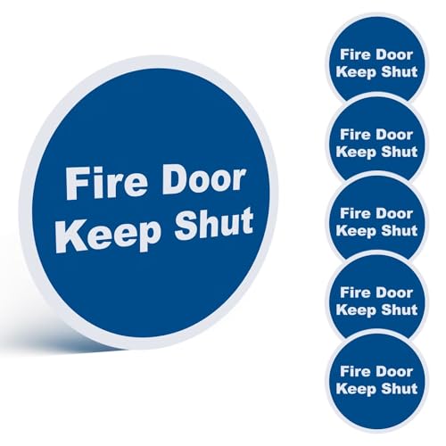 6 Pack Fire Door Keep Shut Sign – 80mm Round Self-Adhesive Safety Stickers, BS5499 & EN7010 Compliant, Waterproof Vinyl, Easy to Apply, for Offices, Schools, Factories & Public Buildings