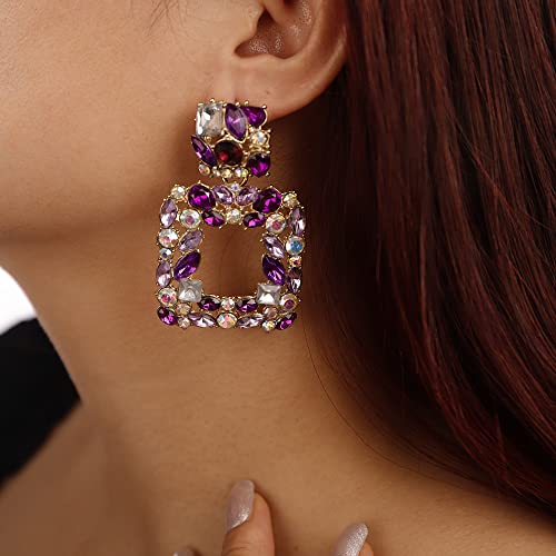 Denifery Crystal Square Dangle Statement Earrings Geometric Shaped with Colorful Rhinstone Drop Earrings for Women Bling Stud Earrings for Prom Wedding (Purple)3