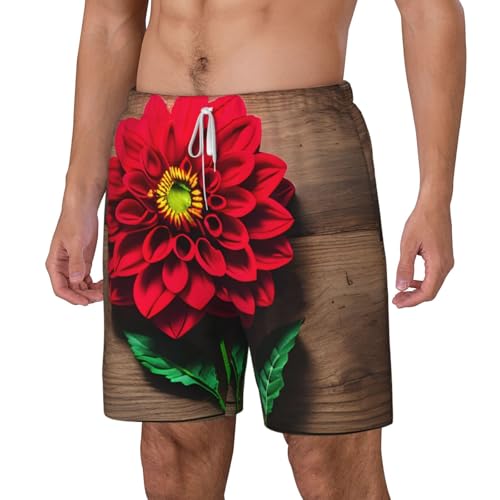 Wooden Board Retro Flower Red Dahlia Print Men's Double Layer Swim Trunks,Athletic Beach Shorts,Adjustable Drawstring Waist2