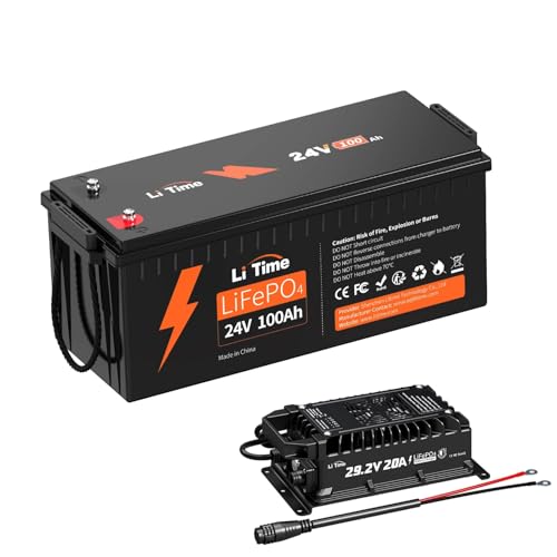 Image of LiTime 24V 100Ah LiFePO4 Battery with 20A IP67 Waterproof Battery Charger, 4000+ Deep Cycles, Built-in 100A BMS, 2560Wh for Off-grid RVs, Marine Living