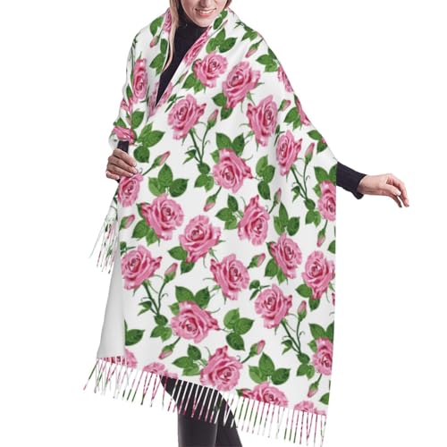 Shawl Wraps for Women - Green Pink Rose Flowers Oversized Fall Winter Blanket Fashion Scarf for Womens