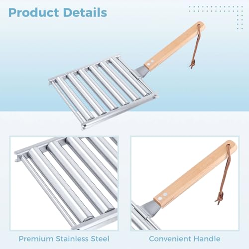 2Pcs Hot Dog Roller for Grill, Stainless Steel Sausage Roller Rack with Extra Long Wood Handle, BBQ Hot Dog Griller for Evenly Cooked Hot Dogs, 10 Hot Dog Capacity, 6.5 x 5.5 Inch - Thumbnail 5