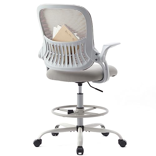 Drafting Chair, Tall Office Chair Tall Standing Desk Chair Counter Height Adjustable Office Chair for Standing Desk, Mid-back Mesh Drafting Chair with Flip-up Arms, Foot-ring, Wheels, Grey Drafting Chair, Tall Office Chair Tall Standing Desk Chair Counter Height Adjustable Office Chair for Standing Desk, Mid-back Mesh Drafting Chair with Flip-up Arms, Foot-ring, Wheels, Grey