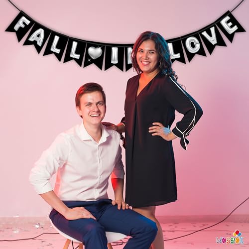 Image of Wobbox Black & White Balloon Text inchFall In Love inch Bunting Banner for Anniversary, Pre-Wedding & Wedding, Love Banner for Decoretion