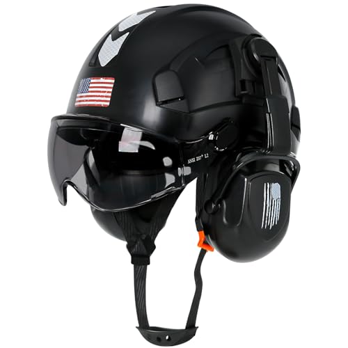 AOLAMEGS Construction Hard Hat with Visor and Earmuffs - Hard Hats Construction OSHA Approved, ANSI Z89.1 ABS Safety Helmet with Eye and Ear Protection, Hardhats for Men Women Worker,6-pt Suspension
