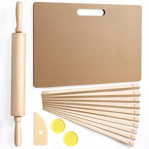 15 Pcs Wooden Pottery Tools Set Clay Rolling Pin with Thickness Guides Clay Wedging Board with Handle Wooden Pottery Rib & Sponges Ceramic & Polymer Clay Sculpting Kit