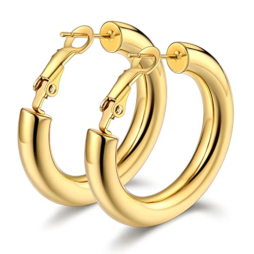 Bestyle 5mm Thick Gold Hoop Earrings Lightweight Chunky Hoop Earrings Hollow Tube Hypoallergenic Trendy Stainless Steel Eearrings for Women 40mm