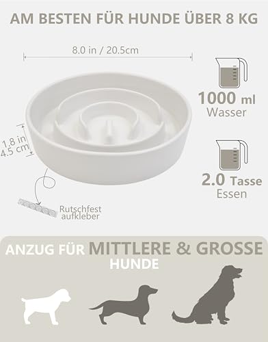 MOPANG Anti Schling Napf für Hunde, Antischlingnapf Keramik, Slow Feeder für Mittelgroße/Große Hunde, Ø 21cm, 1000ml, Elfenbeinweiß