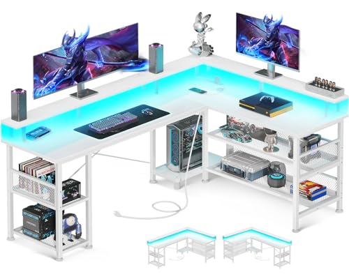 ODK 59" L Shaped Gaming Desk with Power Outlet and LED Lights, PC Gaming Table with USB Ports, Reversible L Shape Desk with Storage Shelves & Monitor Stand, Home Office Desk, Pure White ODK 59" L Shaped Gaming Desk with Power Outlet and LED Lights, PC Gaming Table with USB Ports, Reversible L Shape Desk with Storage Shelves & Monitor Stand, Home Office Desk, Pure White