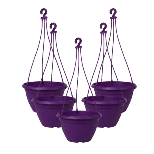 Image of Harshdeep Hanging Flower Pots for Home Decoration - Bello - Indoor Outdoor Balcony Garden Decor Round Plastic Planters 10 Inch Set of 5 (Purple)