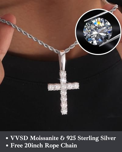 LuxeFlex 925 Silver Moissanite Cross Pendant, VVS D Clarity Moissanite Rhodium Plated White Gold Classic Cross Pendant, Hip Hop Fashion Sparkling Traditional Necklace Gift2