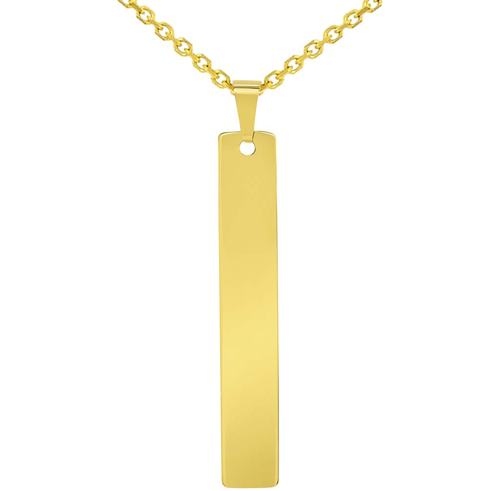 Solid 14k Yellow Gold Engravable Personalized Vertical Bar Charm Pendant with Cable, Curb, or Figaro Chain Necklaces