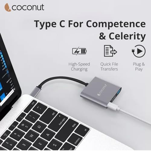 Image of coconut USB C 3 in 1 Dock A Hub | Type C to HDMI 4k Adapter / USB3.0 / USB C Female for Laptop, Desktop, Large Screen of Any HDMI Monitor, TV, Projector, Plug & Play, Portable