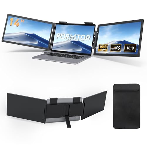 Pornitor Laptop Screen Extender, 14’’ FHD 1080P Triple Portable Monitor for Laptop with Ultra-Slim IPS Display, USB-C Plug and Play Multi Screen Attachment for 14