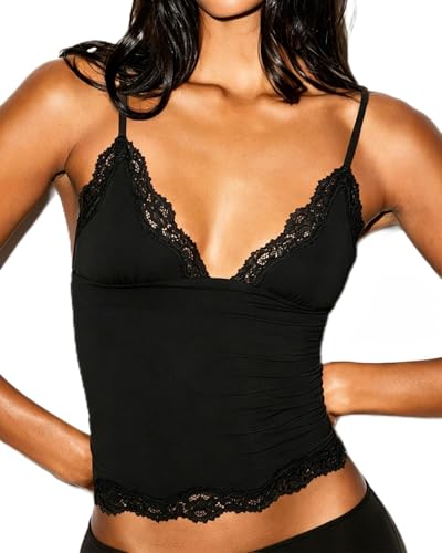 SUUKSESS Women Lace Trim Deep V Neck Tank Top Cami Sexy Sleeveless Y2K Going Out Tops (Black Lace,S)