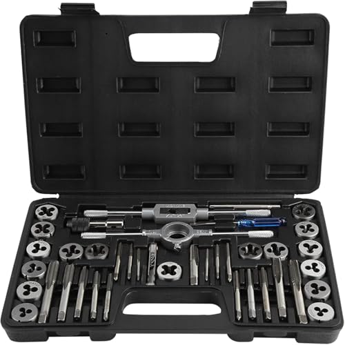 Juego de 40 piezas de machos y troqueles, kit de herramientas métricas M3-M12, acero tratado térmicamente con llaves ajustables, medidor de paso de tornillo y funda de transporte