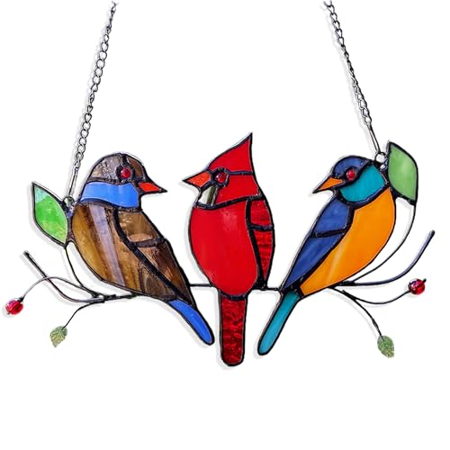 Orgrimmar Birds on A Branch Stain Glass Suncatcher Stained Glass Window Hanging for Home Decoration Cardinal Gifts for Women Handmade Sun Catcher for Birds Lover, Mom, Grandma