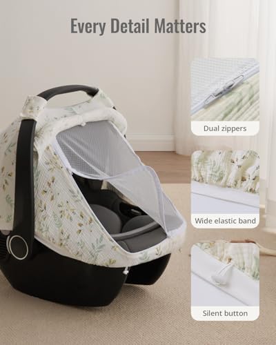 Blissful Diary Baby Car Seat Cover, Extra Large Mesh Window, Breathable Muslin Cotton, Infant Windproof Canopy, Must-Have Baby Gift - Botanical Leaf — view 6