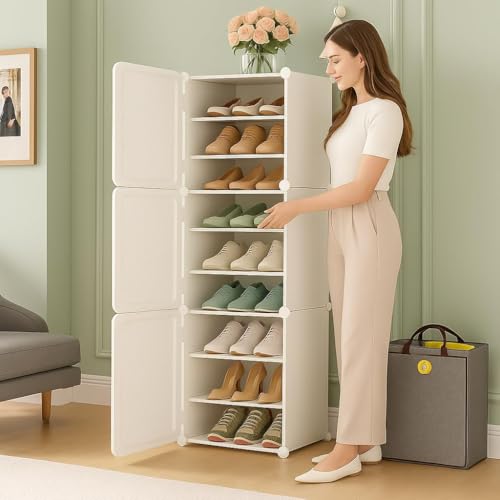 Image of Modular Shoe Rack Organizer with Drawer Storage, Multi-Layer Foldable Shoe Cabinet with Dustproof Doors for Home Entryway Bedroom (White, 3-Door)