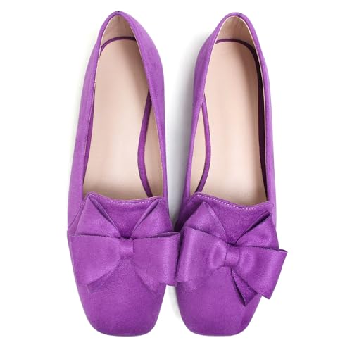 Image of WENJIAZHIZHI Square Toe Bow Ballet Slip-On | Classic Suede Finish,Chic Bow Detail,Effortless Everyday Style,Wedding Party Office,Plus Size Available