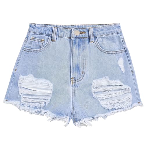 Uobttbnz Girls Ripped Jean Shorts High Waisted Straight Leg Denim Cute Jean Shorts with Pockets & Frayed Hem 9-10Y