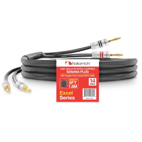 Nakamichi 24K vergoldeter Bananenstecker mit (6 Fu&szlig;) Lautsprecherkabel, 99,9% sauerstofffreies Kupfer (OFC), robustes geflochtenes Kabel, Heimkino-Verst&auml;rker - Schwarz (14AWG / 6 Fu&szlig; / 1,8 Meter)