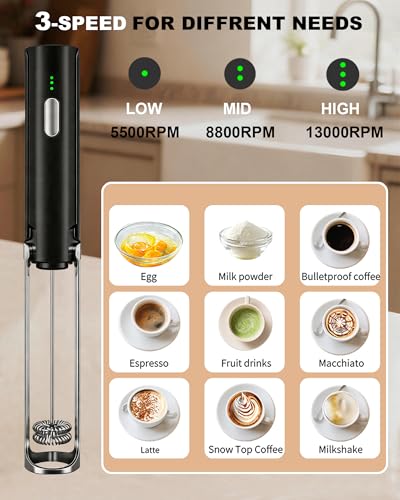 Image of 3-Speed Rechargeable Milk Frother Handheld with Stand & 3 Whisks, Dual Coil Whisk Coffee Frother Handheld - Electric Frother Wand for Coffee Matcha Cappuccino, Kitchen Gift Set, Black