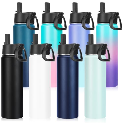 Neihepal 22 oz Insulated Water Bottles Bulk, Stainless Steel Water Bottles Bulk with Leak Proof Straw Lid, Wide Mouth Double Walled Vacuum Keeps Cold and Hot (Eight Color,8 Pack)