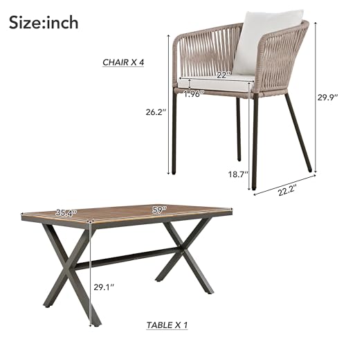 Modern 7 Pieces Patio Dining Set,Dining Table and Chairs, Acacia Wood Tabletop, Metal Frame,Outdoor Furniture Set for Garden, Backyard, Balcony (Beige/Rope1) - Thumbnail 2
