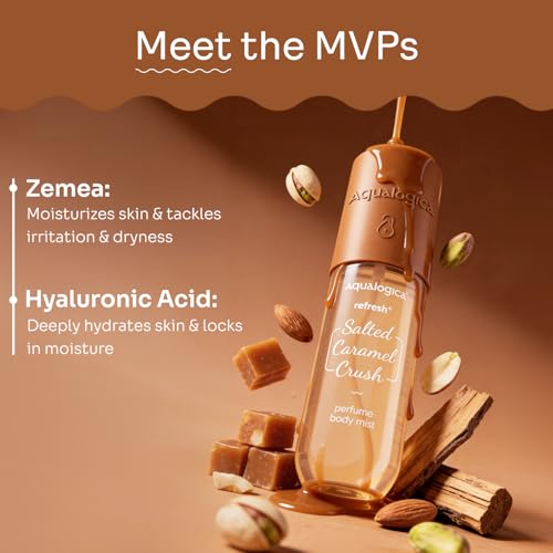 Image of Aqualogica Refresh+ Perfume Body Mist - Salted Caramel Crush | Mouthwatering Gourmand Scent | Long Lasting Fragrance | Double Duty for Hair & Body | Non-Irritating & Hydrating | Infused with Zemea & Hyaluronic Acid | For Men & Women | 150 ml