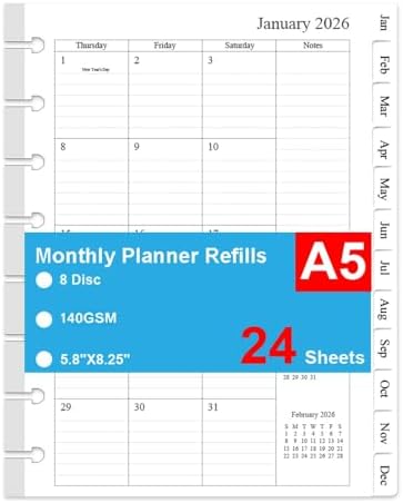 2026 Monthly Planner Refills, Two Pages Per Month,Jan 2026 to Dec 2026, A5 Size,5.8" x 8.25",8-Discbound，2026 Monthly Planner Inserts