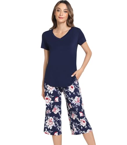 Image of NACHILA Bamboo Viscose Pajamas for Women Lace V Neck Capri Pants Pjs Set