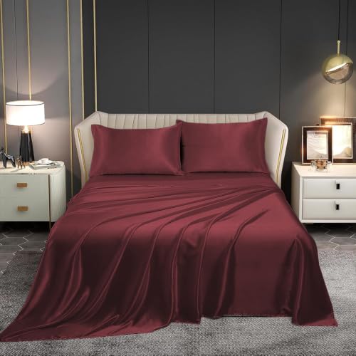 Image of Homestan Satin Bedsheet for King Size Bed with 2 Pillow Covers, Modern Bed Sheet for Romantic Nights(100x108 inches, Maroon)