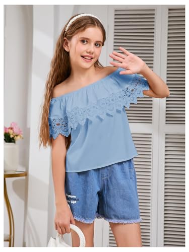 Image of WDIRARA Girl's Folklorico Shirt Off Shoulder Ruffle Trim Lace Blouse Tops