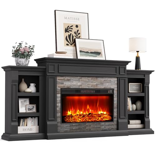 Naice 80' Electric Fireplace with Mantel and Cabinets, Fireplace TV Stand for Living Room Bedroom, 30in Realistic Flame Fireplace and Stacked Stone Surround, Black