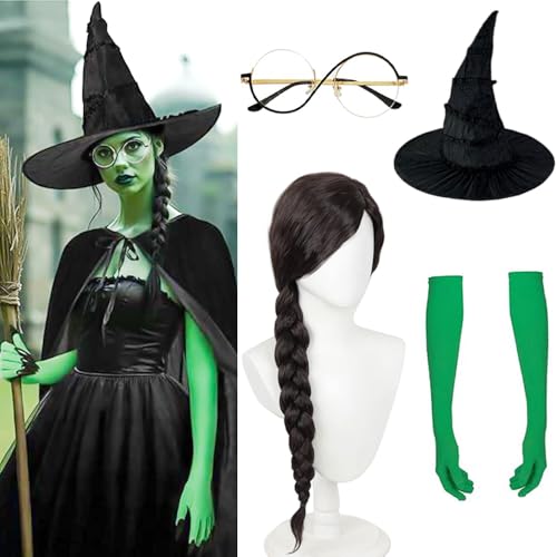 Perruque de sorcière tressée marron et noire PORSMEER avec chapeau et lunettes