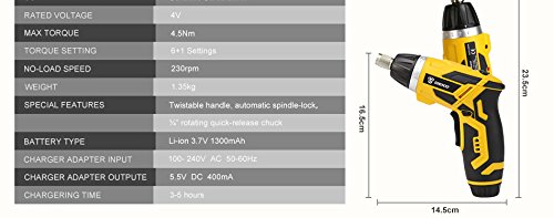 DEKO GCD3.6DKB Cordless Electric Screwdriver specifications table and dimensions