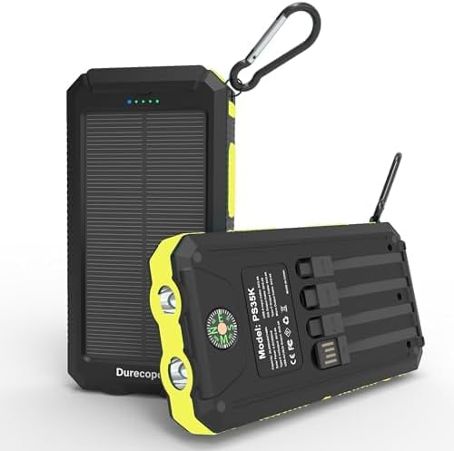 Cargador Solar Power Bank 20,000mAh, Cargador Portátil, 4 Cables 3 Puertos Carga Rápida Paquete de Batería Externa con USB C para Teléfonos