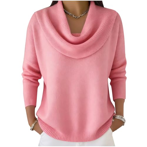 Cozy Sweaters for Women Quiet Luxury Clothes Cozy Sweaters for Women 2025 Knitted Casual Loose Pullover Fashion Cowl Neck Long Sleeve Fall Winter Clothes Trendy Tops Pink X-Large