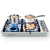 30-Inch Gas Cooktop, SIMOE Gas Stove Top Bulit-in with 4 Burner, Stainless Steel, NG/LPG Convertible Gas Hob with Cast Iron Grill/Griddle, 120V, Gas Range Top for Kitchen