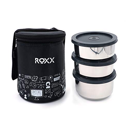 Image of ROXX Happy Meal Tiffin, Stainless Steel Lunch Box for Office /College, Double Walled Puf Insulation with Fabric Insulated Bag, Black (3 Containers)