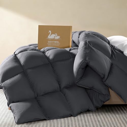 Gehtmnl Goose Down Fiber Comforter King Size All Season Naturally Breathable Down Comforters Luxury Hotel Collection Duvet Insert with 8 Corner Tabs Cotton Fabric & Baffle Box (Dark Gray 65oz)