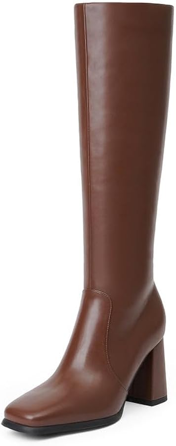 Amazon.com | QIY Knee High Boots for Women Square Toe Brown Chunky