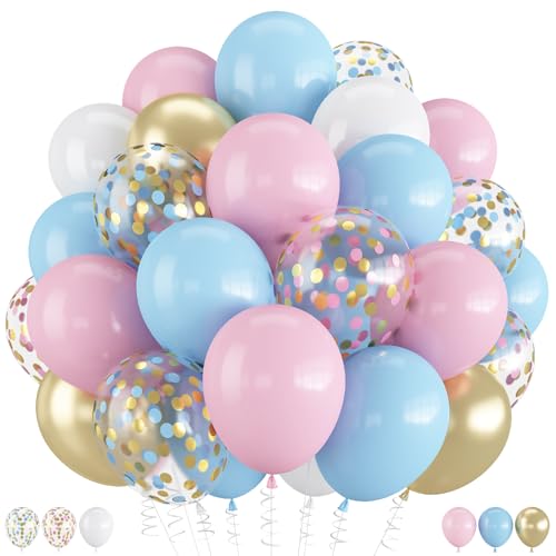 Image of Balloons Pink and Blue, 60 Pack 12 Inch Pastel Light Pink Blue with Metallic Gold Confetti Balloons for Birthday, Gender Reveal, Baby Shower, Boy or Girl Party Decoration