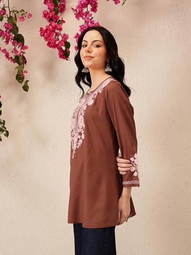 Image of QAZMI Women's Aari Embroidered Viscose Rayon Full Sleeves A-Line Flared Short Kurti