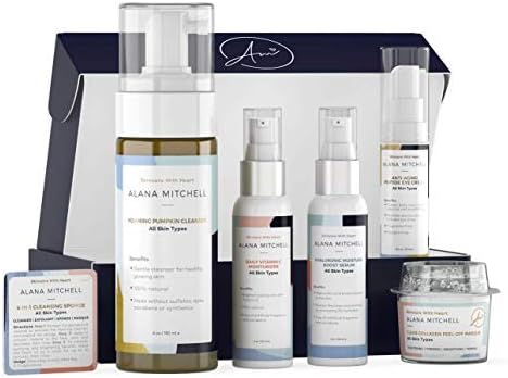 Alana Mitchell At Home Facial Kit (7 Pc Set) - Multiple Facials w/Eye Cream, Face Cleanser, Vitamin C Moisturizer, Hyaluronic Acid Serum, Facial Mask & Exfoliating Sponge (x2) – For All Skin Types