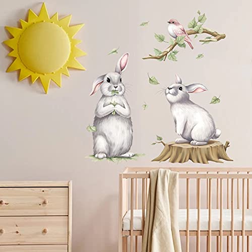 Noa 2 Cute Rabbit Wall Stickers With Bird On The Branches Decals, Removable Cartoon Animal Bunny 3D Vinyl Wallpaper Decor, Diy Art Mural For Nursery Baby Bedroom Living Room #TOP7